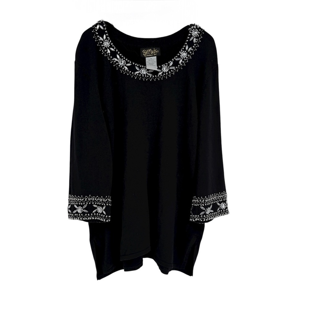 Bob Mackie Wearable Art Black Sweater Size 1X Pullover Beaded Neckline /cuffs